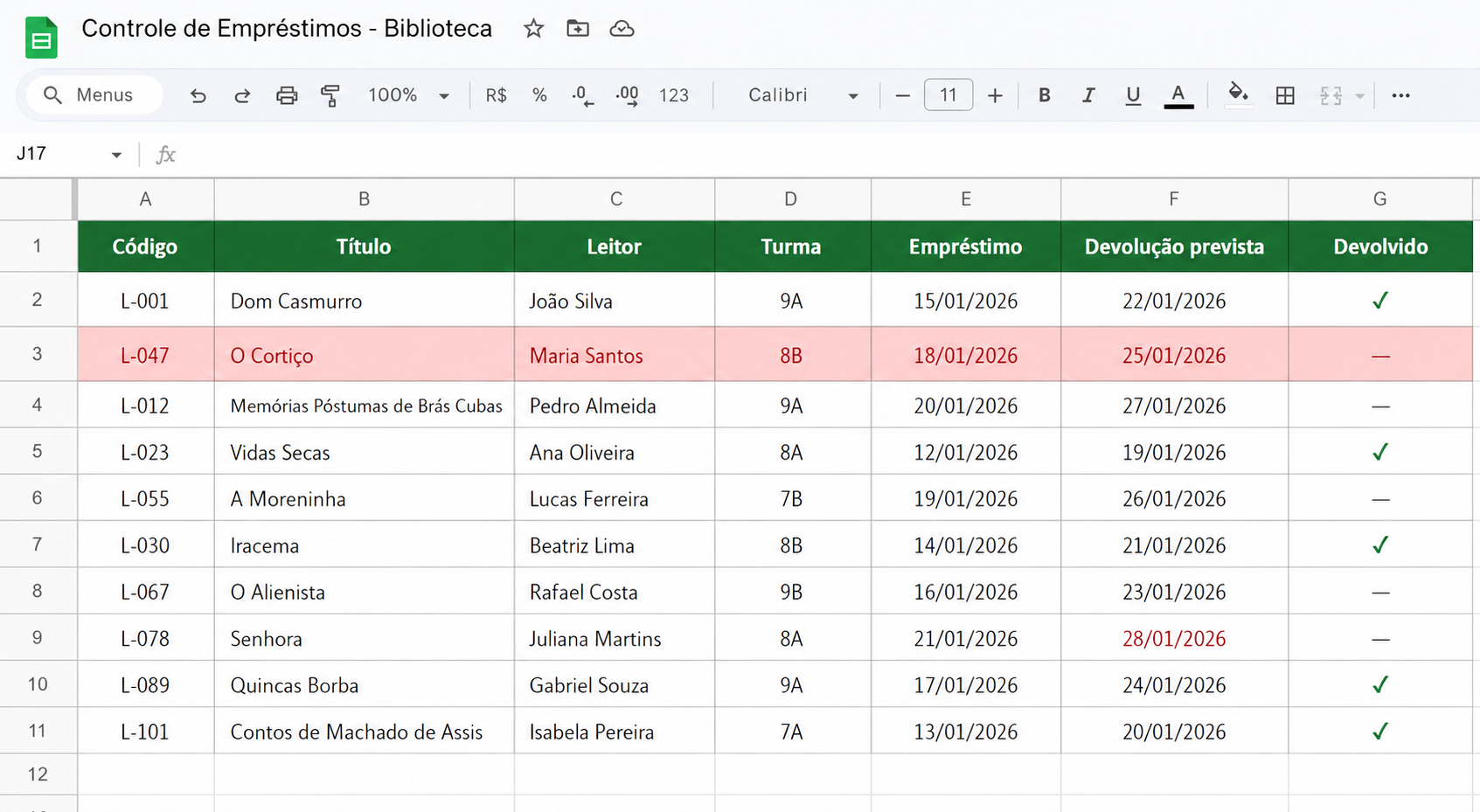 Planilha de controle de empréstimos no Google Sheets com linha em vermelho para item atrasado