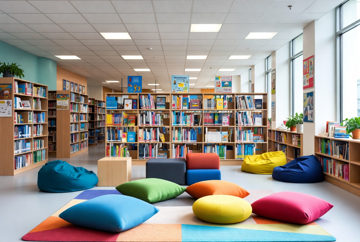 Biblioteca escolar moderna com espaço de leitura confortável, almofadas coloridas e estantes organizadas